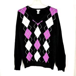 IZOD Golf Argyle Plaid Sweater Cotton Women Size Large Vintage Purple Black